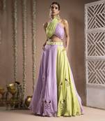 Green Lilac Indo Lehenga With Belt (Set Of 2)