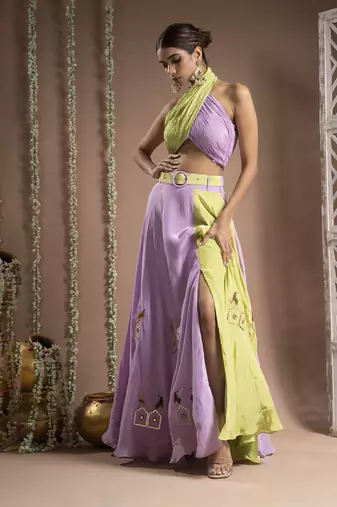 Green Lilac Indo Lehenga With Belt (Set Of 2)
