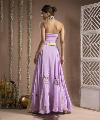 Green Lilac Indo Lehenga With Belt (Set Of 2) 3