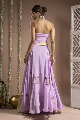 Green Lilac Indo Lehenga With Belt (Set Of 2)