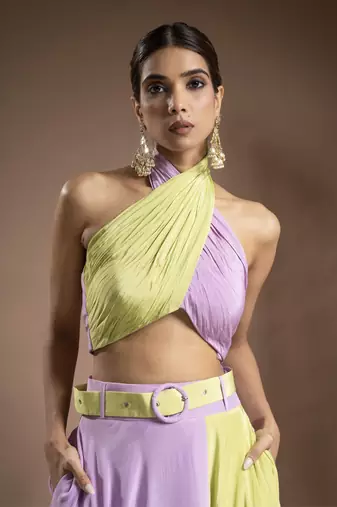 Green Lilac Indo Lehenga With Belt (Set Of 2)