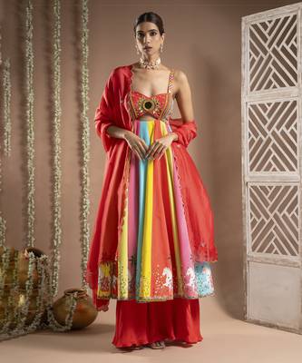 Red horse print anarkali suit set (set of 3) 1