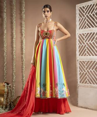 Red horse print anarkali suit set (set of 3) 2