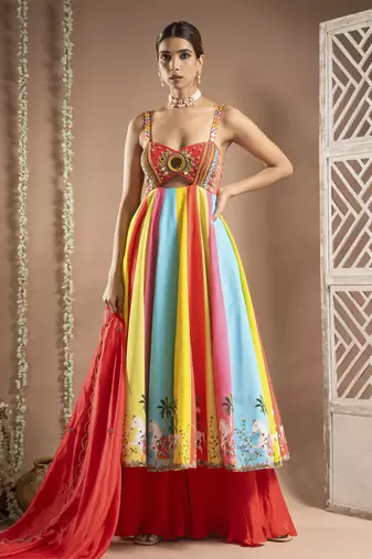 Red horse print anarkali suit set (set of 3)