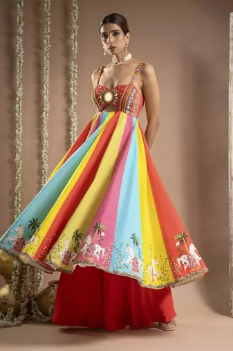 Red horse print anarkali suit set (set of 3)