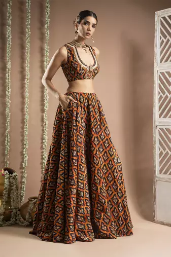 Black Rust Printed Lehenga Set (Set Of 3)