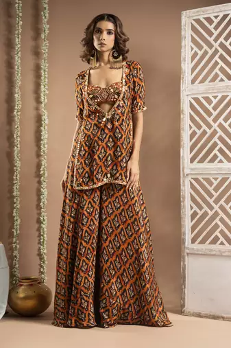 Black rust printed indo-kurta set (set of 3)