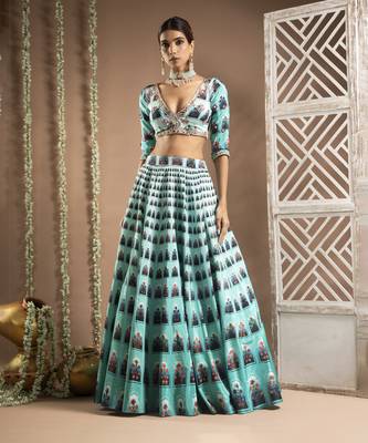 Blue Ombre Digital Print Indo-Lehenga Set (Set Of 2) 1