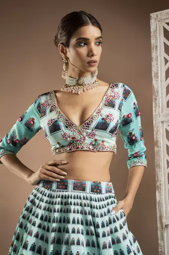 Blue Ombre Digital Print Indo-Lehenga Set (Set Of 2)