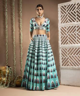 Blue Ombre Digital Print Indo-Lehenga Set (Set Of 2) 3