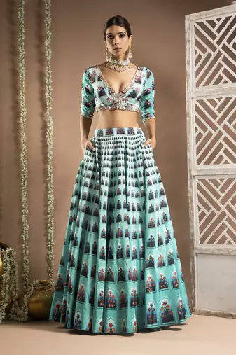 Blue Ombre Digital Print Indo-Lehenga Set (Set Of 2)