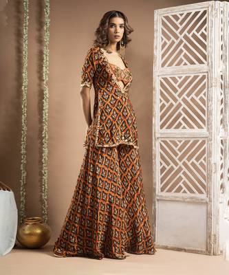 Black rust printed indo-kurta set (set of 3) 5
