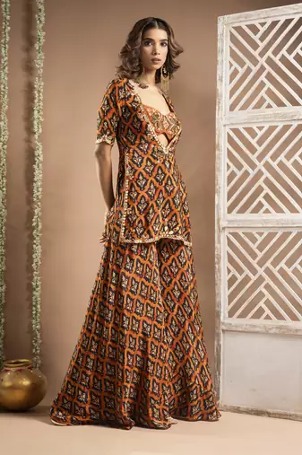 Black rust printed indo-kurta set (set of 3)