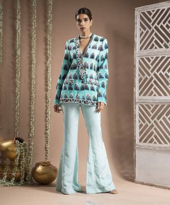 Blue ombre printed coat pant set (set of 2) 1
