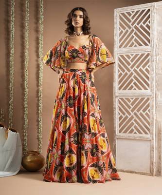 Abstract print cape lehenga set (set of 3) 1