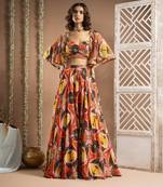 Abstract print cape lehenga set (set of 3)