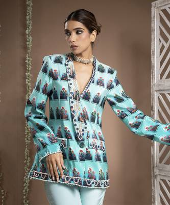 Blue ombre printed coat pant set (set of 2) 2