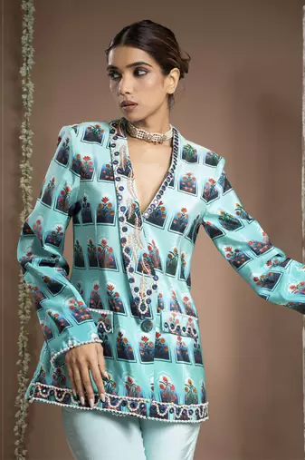Blue ombre printed coat pant set (set of 2)