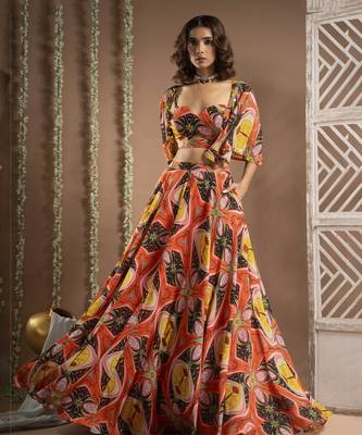 Abstract print cape lehenga set (set of 3) 2