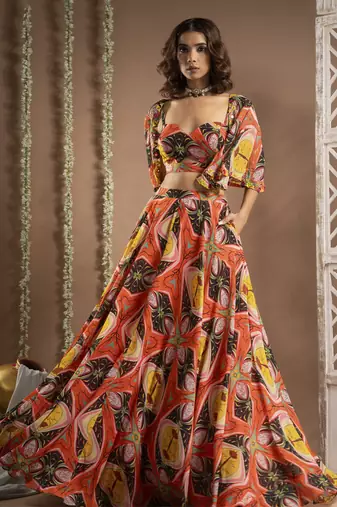 Abstract print cape lehenga set (set of 3)