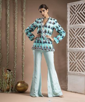 Blue ombre printed coat pant set (set of 2) 3