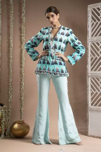Blue ombre printed coat pant set (set of 2)