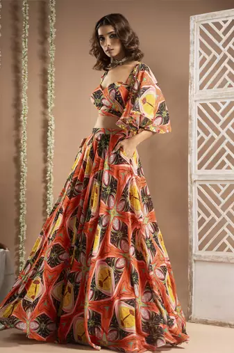 Abstract print cape lehenga set (set of 3)