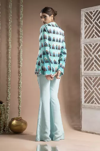 Blue ombre printed coat pant set (set of 2)