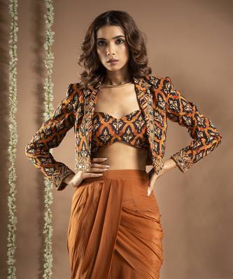 Black rust printed drape and coat set (set of 3) 2