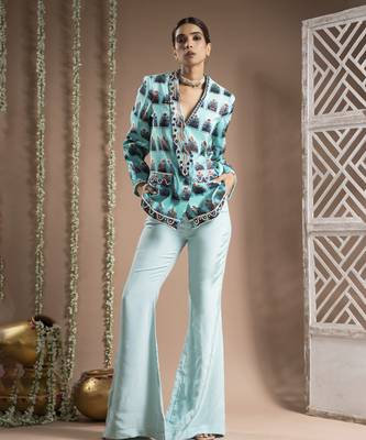 Blue ombre printed coat pant set (set of 2) 5
