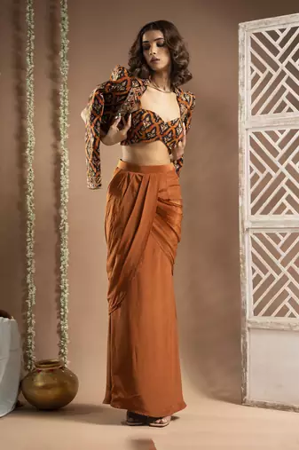 Black rust printed drape and coat set (set of 3)