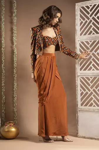Black rust printed drape and coat set (set of 3)