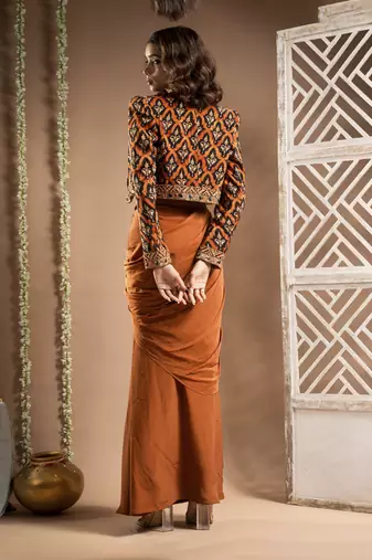 Black rust printed drape and coat set (set of 3)