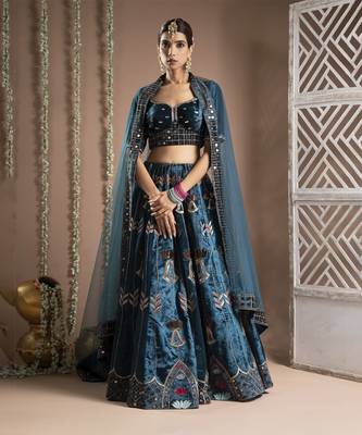 Teal Heavy Velvet Lehenga Set (Set Of 3) 1