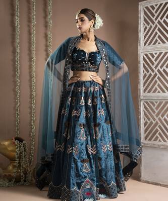 Teal Heavy Velvet Lehenga Set (Set Of 3) 2