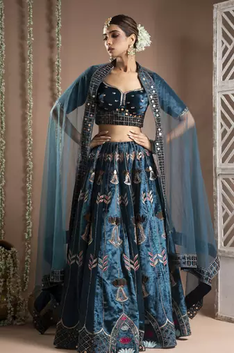 Teal Heavy Velvet Lehenga Set (Set Of 3)