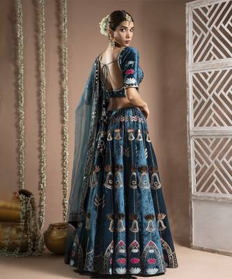 Teal Heavy Velvet Lehenga Set (Set Of 3) 3
