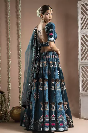 Teal Heavy Velvet Lehenga Set (Set Of 3)