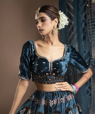 Teal Heavy Velvet Lehenga Set (Set Of 3) 4