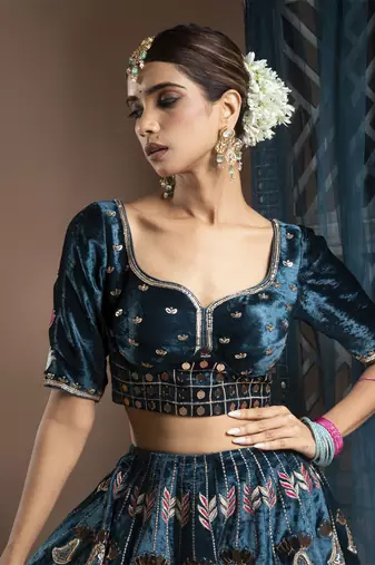 Teal Heavy Velvet Lehenga Set (Set Of 3)