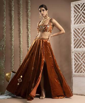 Rust Orange Velvet Indo Lehenga Set 5