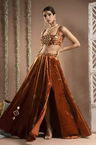 Rust Orange Velvet Indo Lehenga Set