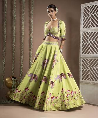 Elephant Print Green And Purple Heavy Lehenga Set (Set Of 3) 5