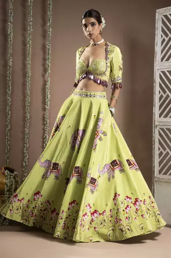 Elephant Print Green And Purple Heavy Lehenga Set (Set Of 3)