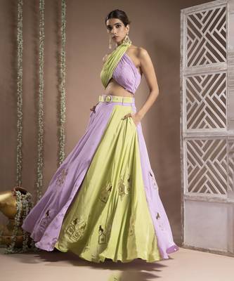 Green Lilac Indo Lehenga With Belt (Set Of 2) 5