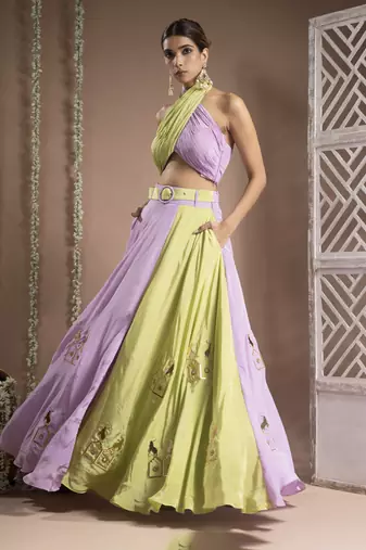 Green Lilac Indo Lehenga With Belt (Set Of 2)