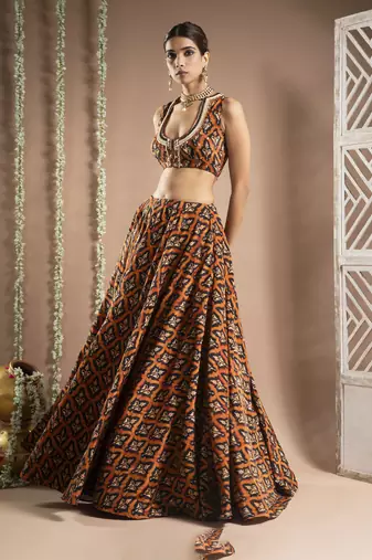 Black Rust Printed Lehenga Set (Set Of 3)