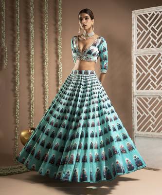Blue Ombre Digital Print Indo-Lehenga Set (Set Of 2) 5