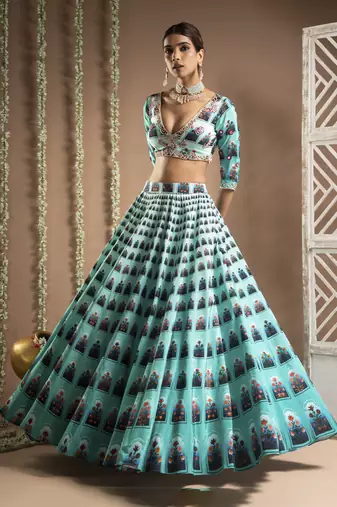 Blue Ombre Digital Print Indo-Lehenga Set (Set Of 2)