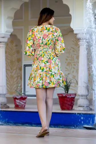 women yellow and green floral print fit and flare dress